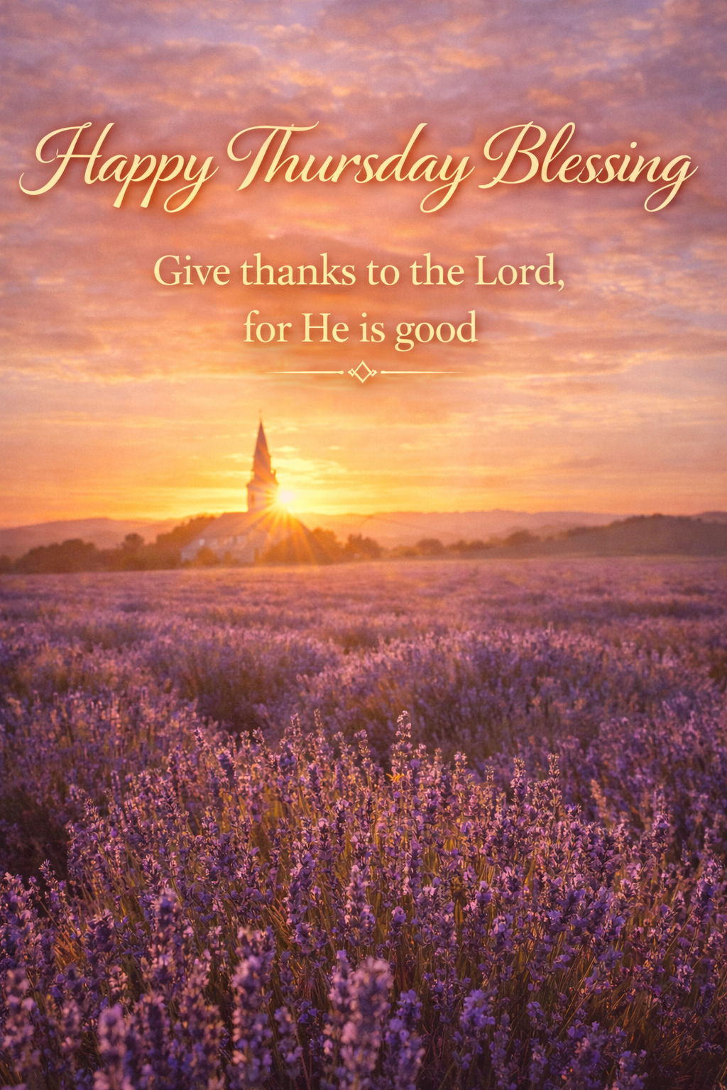 Lavender field at golden hour with distant church steeple, "Happy Thursday Blessing — Give thanks to the Lord, for He is good" in gold — WhatsApp blessing